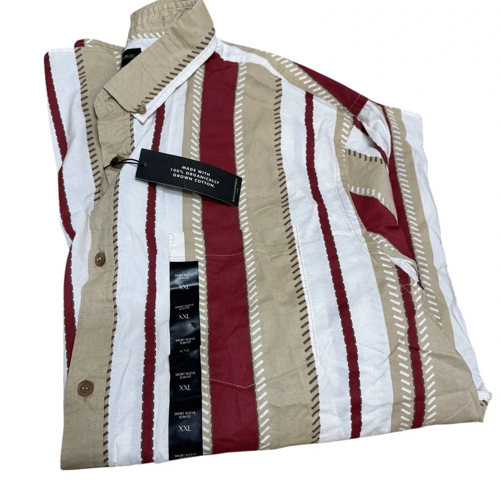 Banana Republic Mens XXL Slim Fit Organic Cotton Striped‎ Short Sleeve Shirt NEW